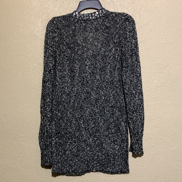 Mudd Sweater Cardigan L Black White Sequin Stretchy Front Buttons Pockets Cotton - Picture 13 of 16
